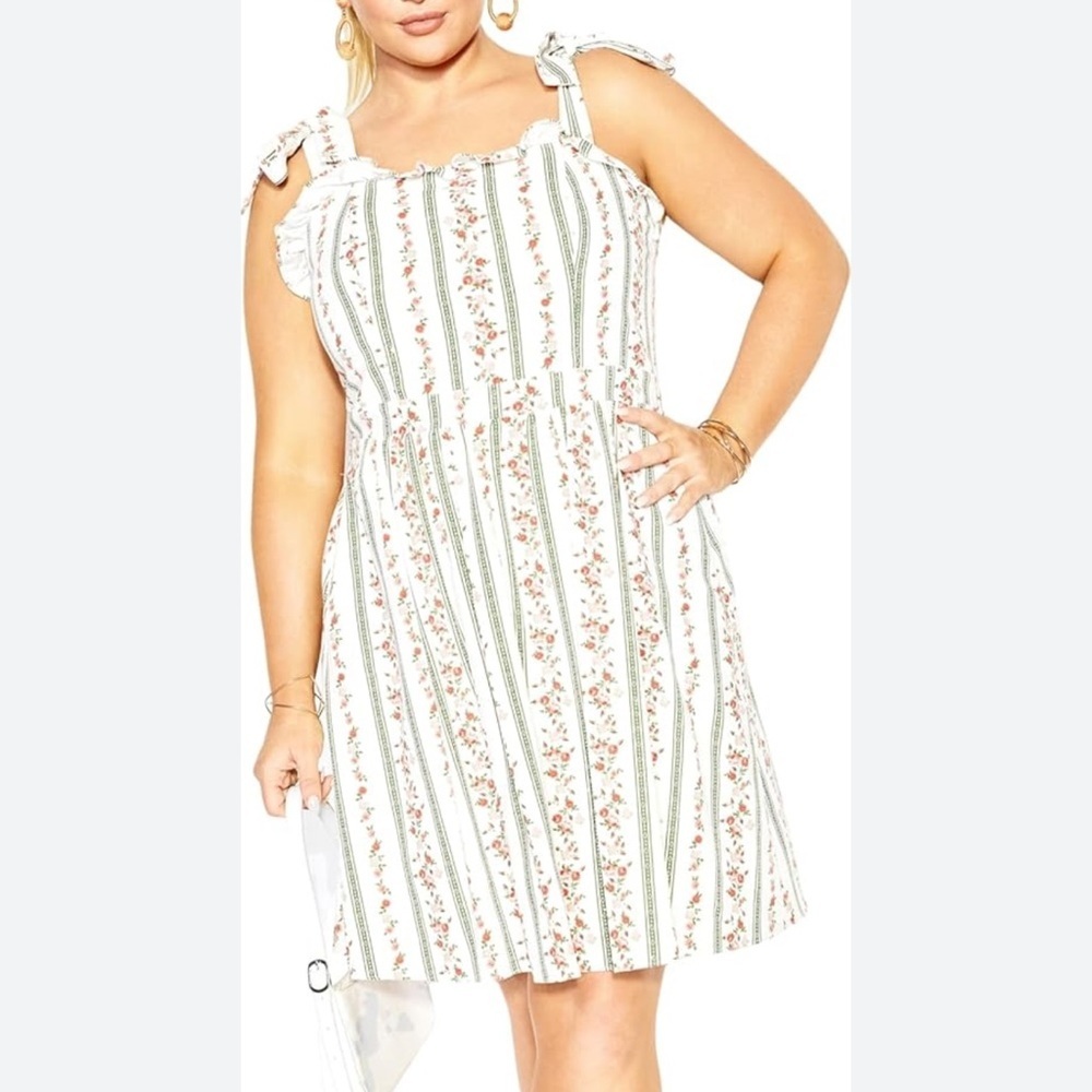 City Chic White Striped Floral Tie-Shoulder Mini Dress